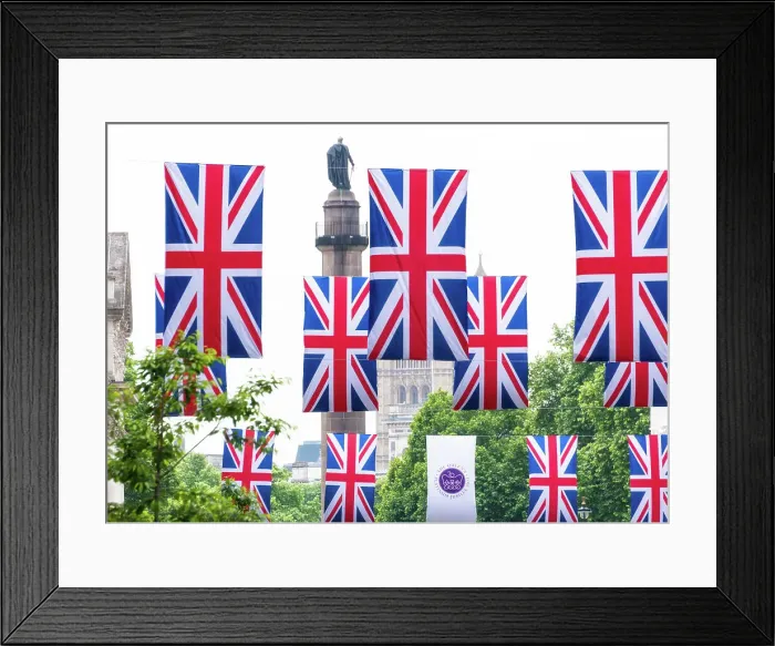 Framed Print : Union Jack flags and Duke of York monument, London, England Framed Print : Union Jack flags and Duke of York monument, London, England