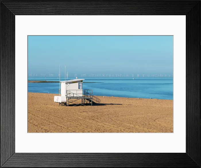 Framed Print : Lifeguards station at Ramsgate beach, with the Thanet Wind Farm in the background, Kent, England Framed Print : Lifeguards station at Ramsgate beach, with the Thanet Wind Farm in the background, Kent, England