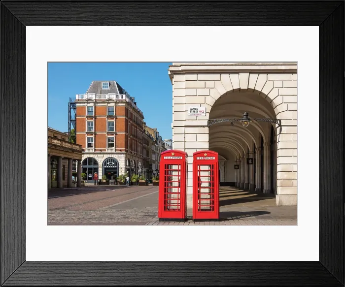 Framed Print : Red telephone boxes in Covent Garden, London, England Framed Print : Red telephone boxes in Covent Garden, London, England