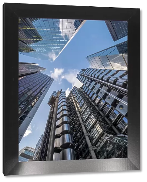 Europe, UK, England, London, City of London financial district. Skyscrapers including the Lloyds Building (bottom right, Richard Rogers, 1986), the Scalpel (top left, 52-54 Lime Street, Kohn Pedersen Fox, 2018)