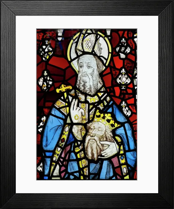 Framed Print : UK, England, Yorkshire, York, interior of York Minster, medieval 15th Century stained glass showing Saint Cuthbert holding the head of St. Oswald, a Christian Anglo-Saxon king of Northumbria, who died in battle against the pagan king Framed Print : UK, England, Yorkshire, York, interior of York Minster, medieval 15th Century stained glass showing Saint Cuthbert holding the head of St. Oswald, a Christian Anglo-Saxon king of Northumbria, who died in battle against the pagan king