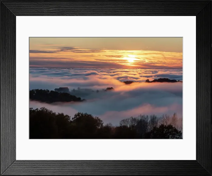 Framed Print : France, Nouvelle-Aquitaine, Correze, landscape at the edge of the fog at sunset Framed Print : France, Nouvelle-Aquitaine, Correze, landscape at the edge of the fog at sunset
