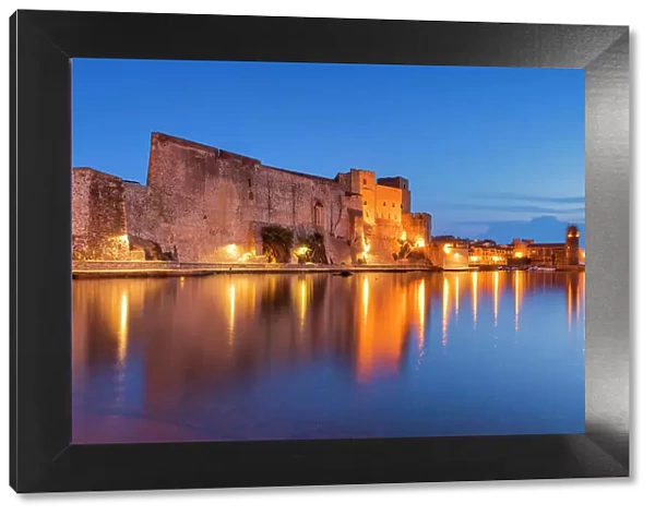 Royal Castle of Collioure at Night Reflecting in Bay, Pyrenees-Orientales, France