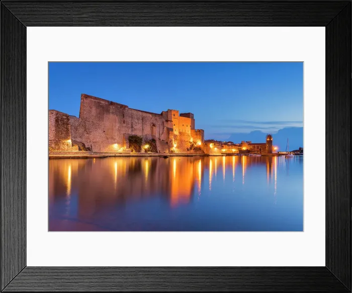 Framed Print : Royal Castle of Collioure at Night Reflecting in Bay, Pyrenees-Orientales, France Framed Print : Royal Castle of Collioure at Night Reflecting in Bay, Pyrenees-Orientales, France
