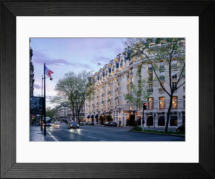 Framed Print : Sunset in Paris, buildings and road illuminated. France