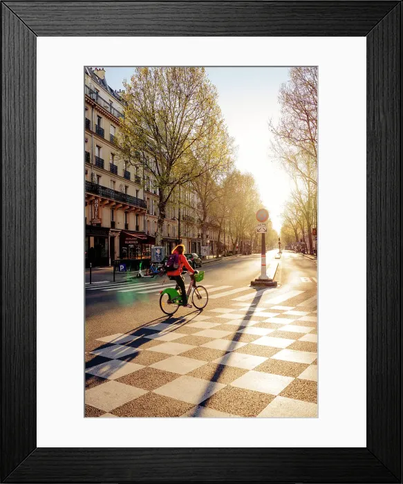 Framed Print : Cyclist at dawn on the deserted streets of Paris, France Framed Print : Cyclist at dawn on the deserted streets of Paris, France