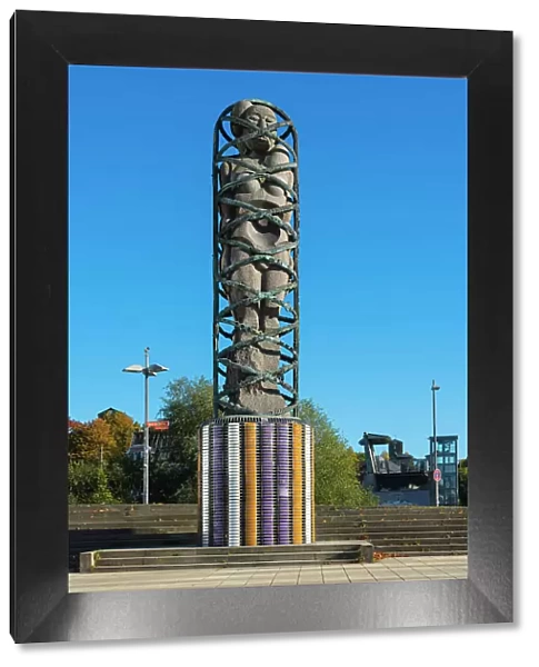 Adam und Eva sculpture made by Bjorn Norgaard against clear blue sky, Kiel, Schleswig-Holstein, Germany