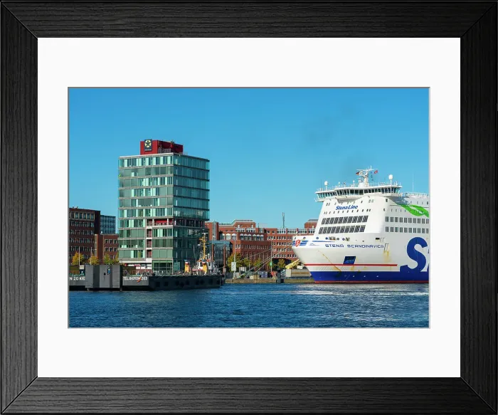 Framed Print : Stena Line dock and Port of Kiel administrative building, Kiel harbor, Kiel, Schleswig-Holstein, Germany