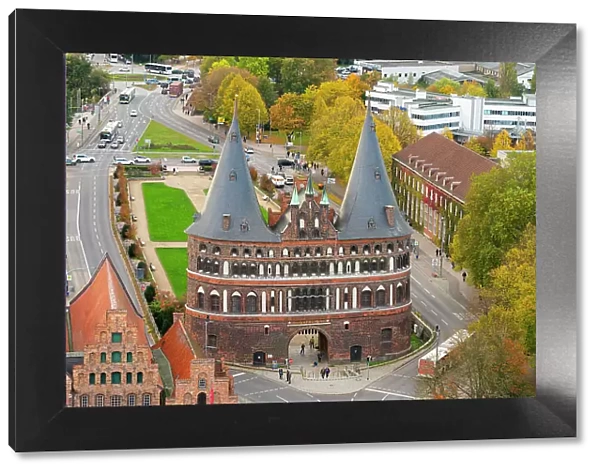 Elevated view of tourists at famous Holstentor, Lubeck, UNESCO, Schleswig-Holstein, Germany