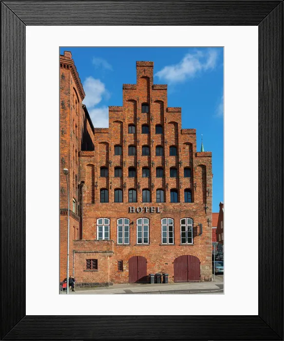 Framed Print : Exterior of Hotel Anno 1216, traditional gable, Lubeck, UNESCO, Schleswig-Holstein, Germany Framed Print : Exterior of Hotel Anno 1216, traditional gable, Lubeck, UNESCO, Schleswig-Holstein, Germany