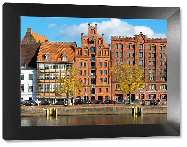 Houses on riverfront of Trave river, Lubeck, UNESCO, Schleswig-Holstein, Germany