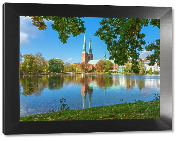 Lubeck Cathedral with reflection on Muhlenteich, Lubeck, UNESCO, Schleswig-Holstein, Germany