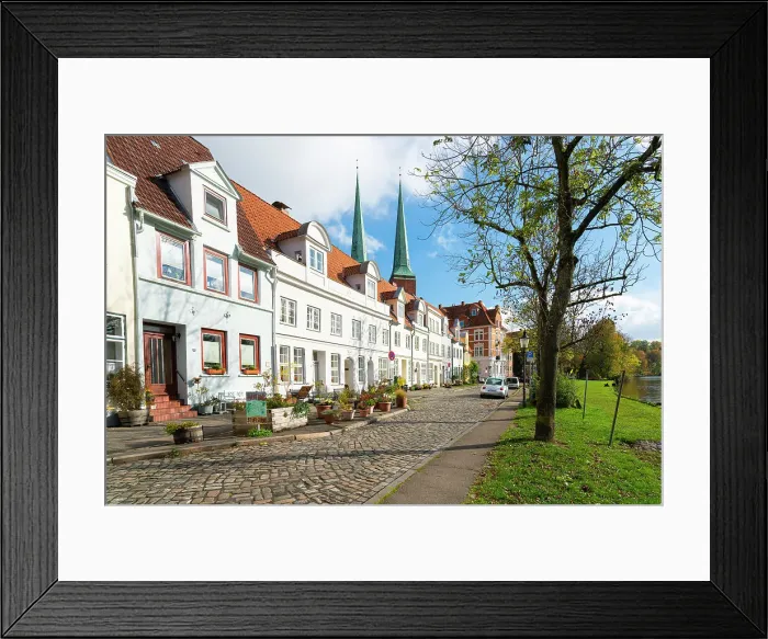 Framed Print : Residential buildings by Trave river with towers of Lubeck Cathedral in background, Lubeck, UNESCO, Schleswig-Holstein, Germany Framed Print : Residential buildings by Trave river with towers of Lubeck Cathedral in background, Lubeck, UNESCO, Schleswig-Holstein, Germany