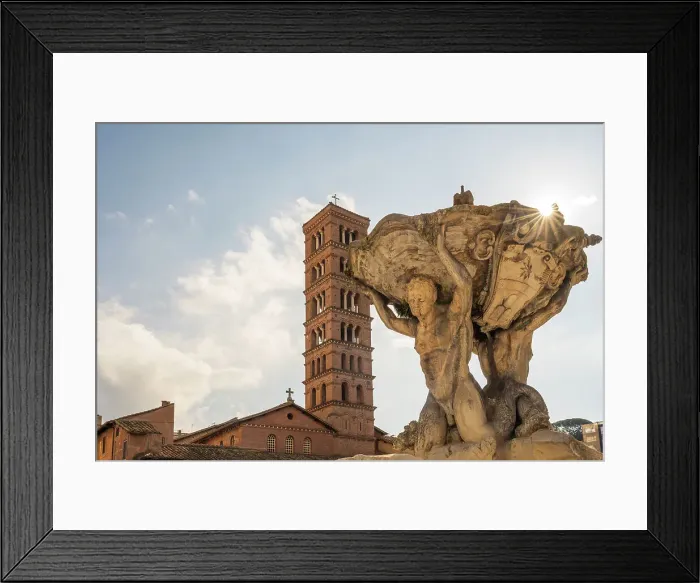 Framed Print : Europe, Italy, Rome. The fountain of the Tritons on the Piazza della Bocca della Verita with the church Santa Maria in Cosmedin in the background Framed Print : Europe, Italy, Rome. The fountain of the Tritons on the Piazza della Bocca della Verita with the church Santa Maria in Cosmedin in the background