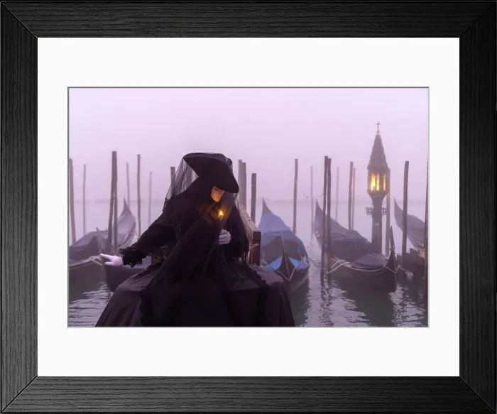 Framed Print : Italy, Veneto, Venice, a model poses in costume during the Venice Carnival on a foggy day Framed Print : Italy, Veneto, Venice, a model poses in costume during the Venice Carnival on a foggy day