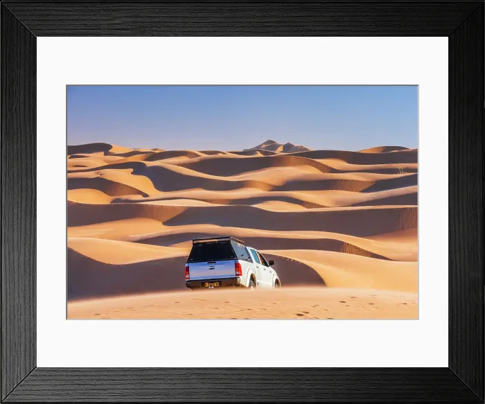 Framed Print : Namibia, Walvis Bay, a jeep driving on the san dunes of the Namib desert towards Sandwich Harbour Framed Print : Namibia, Walvis Bay, a jeep driving on the san dunes of the Namib desert towards Sandwich Harbour