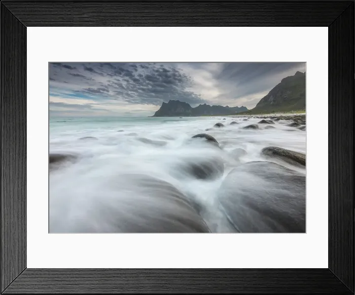 Framed Print : Uttakleiv beach during a windy summer morning, with some breaking waves in the foreground. Lofoten Islands, Norway Framed Print : Uttakleiv beach during a windy summer morning, with some breaking waves in the foreground. Lofoten Islands, Norway