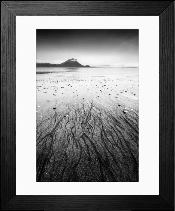 Framed Print : Sand patterns create an eye-catching foreground at Haukland beach on a gloomy summer morning. Lofoten Islands, Norway Framed Print : Sand patterns create an eye-catching foreground at Haukland beach on a gloomy summer morning. Lofoten Islands, Norway