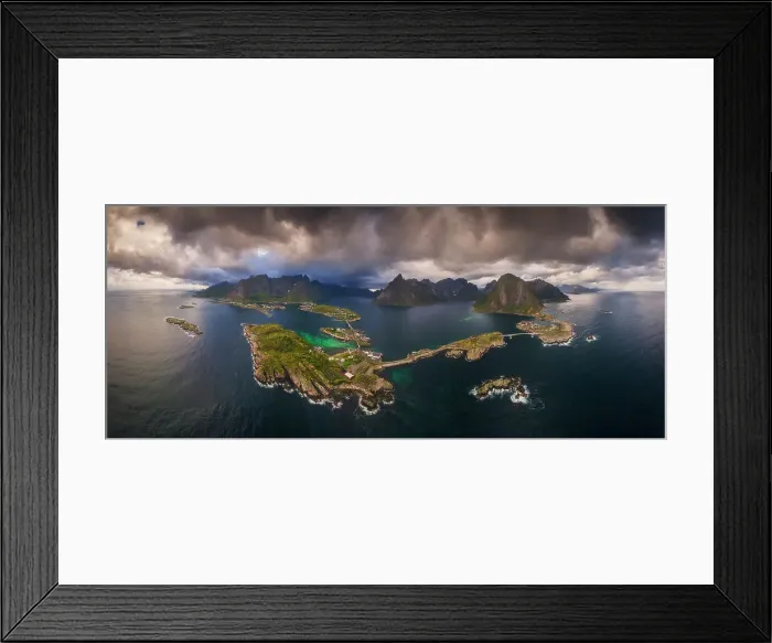 Framed Print : An aerial panoramic view of the whole Reine fjord on a stormy afternoon. Lofoten Islands, Norway Framed Print : An aerial panoramic view of the whole Reine fjord on a stormy afternoon. Lofoten Islands, Norway