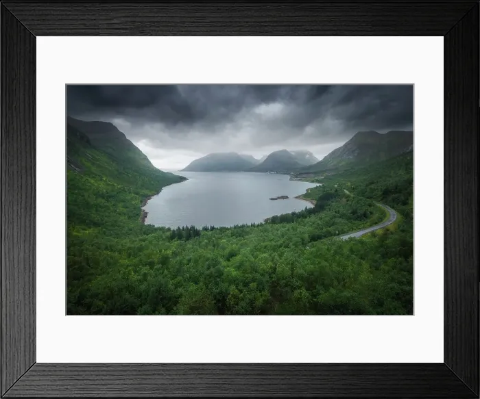 Framed Print : The classic view of Bergsbotn on a gloomy and rainy summer afternoon. Senja Island, Norway Framed Print : The classic view of Bergsbotn on a gloomy and rainy summer afternoon. Senja Island, Norway