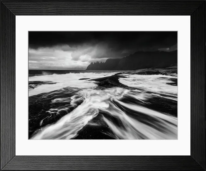 Framed Print : A black and white perspective of the rugged Okshornan peaks seen from Tungeneset on a stormy evening. Senja Island, Norway Framed Print : A black and white perspective of the rugged Okshornan peaks seen from Tungeneset on a stormy evening. Senja Island, Norway