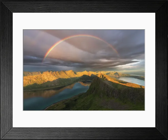 Framed Print : A complete rainbow above the fjords of Senja Island on a rainy summer evening. Norway Framed Print : A complete rainbow above the fjords of Senja Island on a rainy summer evening. Norway