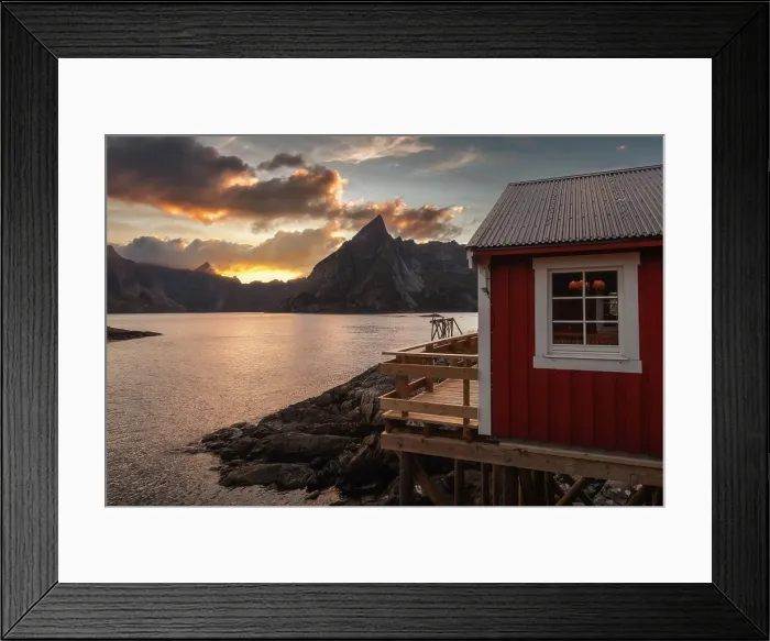 Framed Print : A red rorbu in Hamnoy catching the last light of the day on a colorful summer sunset. Lofoten Islands, Norway Framed Print : A red rorbu in Hamnoy catching the last light of the day on a colorful summer sunset. Lofoten Islands, Norway