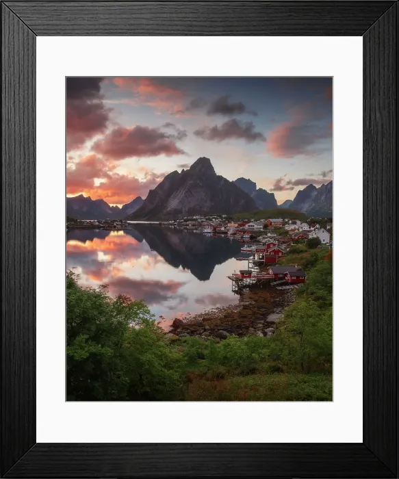 Framed Print : The fishermen's village of Reine and its fjord on a calm summer evening taking the last light of the day. Lofoten Islands, Norway