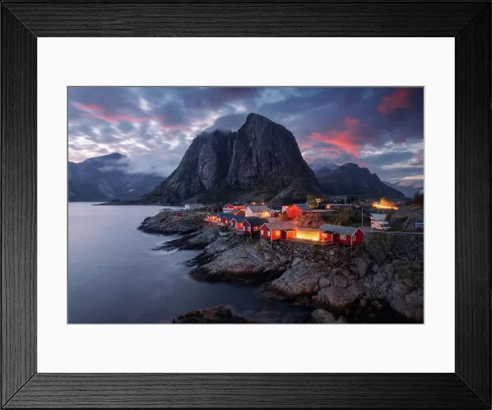 Framed Print : The famous red cabins of Hamnoy catching the last light of the day on a explosive summer sunset. Lofoten Islands, Norway Framed Print : The famous red cabins of Hamnoy catching the last light of the day on a explosive summer sunset. Lofoten Islands, Norway