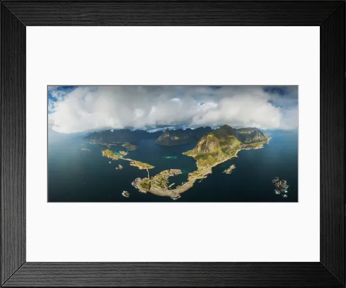 Framed Print : An aerial panoramic view of the whole Reine fjord on a windy afternoon. Lofoten Islands, Norway