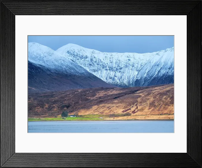 Framed Print : Europe, UK, Scotland, Isle of Skye, crofters cottage set against dramatic snowy mountains and a sea loch Framed Print : Europe, UK, Scotland, Isle of Skye, crofters cottage set against dramatic snowy mountains and a sea loch