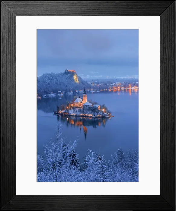 Framed Print : Elevated view of the Church of the Assumption, Lake Bled, Slovenia by night Framed Print : Elevated view of the Church of the Assumption, Lake Bled, Slovenia by night