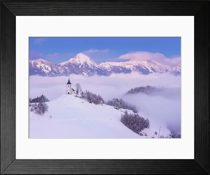 Framed Print : Slovenia, Jamnik, Church of St. Primoz sorrounded by fog at dusk with the Kamnik-Savinja Alps beyond, Gorenjska Framed Print : Slovenia, Jamnik, Church of St. Primoz sorrounded by fog at dusk with the Kamnik-Savinja Alps beyond, Gorenjska