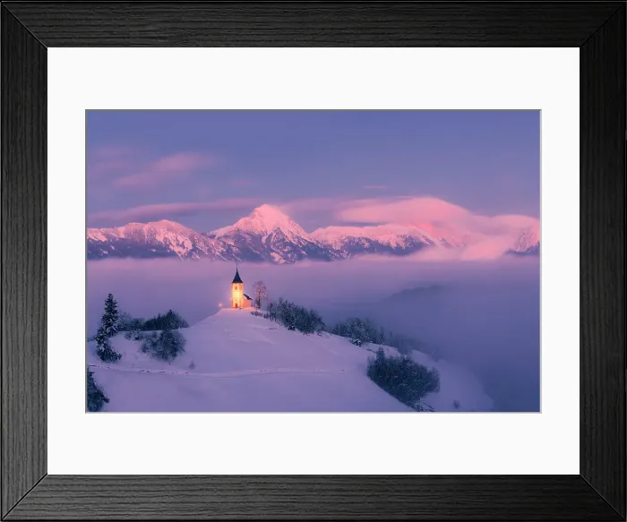 Framed Print : Slovenia, Jamnik, Church of St. Primoz covered with fog at dusk with the Kamnik-Savinja Alps beyond, Gorenjska