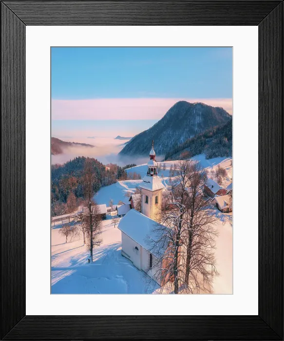 Framed Print : Aerial view of St Thomas Church and the Kamnik Alps, Rantovse, Slovenia at sunset Framed Print : Aerial view of St Thomas Church and the Kamnik Alps, Rantovse, Slovenia at sunset