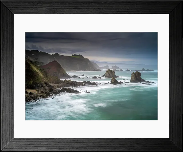 Framed Print : Asturian coastline in stormy weather, Playa del Silencio, Cudillero, Asturias, Spain