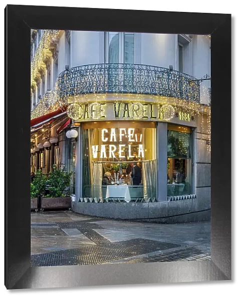 Cafe Varela adorned with Christmas lights, Madrid, Spain