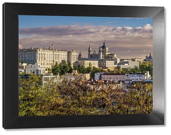 Sunset view over Almudena Cathedral and Royal Palace, Madrid, Spain