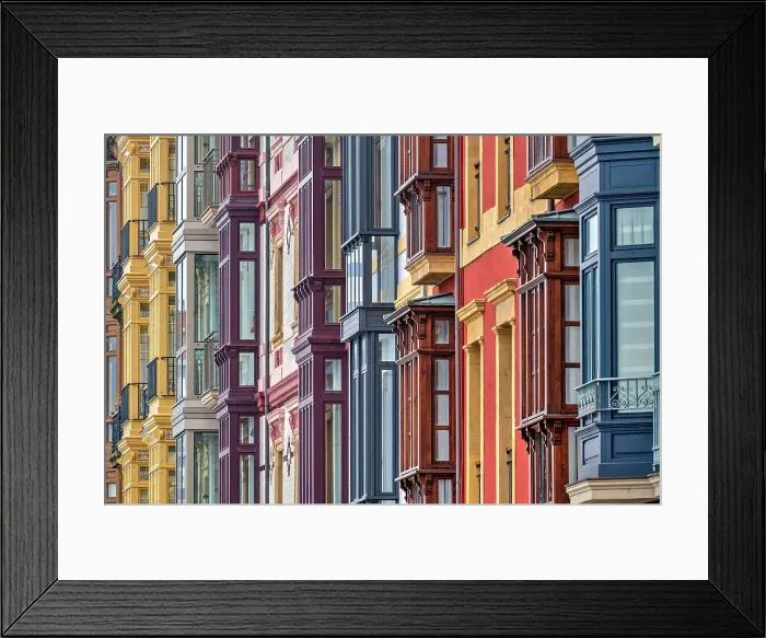 Framed Print : Old colorful buildings with bow windows, Gijon, Asturias, Spain Framed Print : Old colorful buildings with bow windows, Gijon, Asturias, Spain