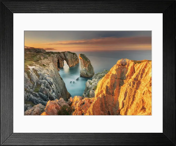 Framed Print : Cliff landscape with rock needle and rock arch called Pena Flecha- Spain, Asturias, Oriente, Ribadesella, Bufones de Pria - Bay of Biscay, Costa Verde Framed Print : Cliff landscape with rock needle and rock arch called Pena Flecha- Spain, Asturias, Oriente, Ribadesella, Bufones de Pria - Bay of Biscay, Costa Verde