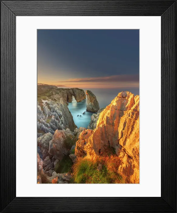 Framed Print : Cliff landscape with rock needle and rock arch called Pena Flecha- Spain, Asturias, Oriente, Ribadesella, Bufones de Pria - Bay of Biscay, Costa Verde Framed Print : Cliff landscape with rock needle and rock arch called Pena Flecha- Spain, Asturias, Oriente, Ribadesella, Bufones de Pria - Bay of Biscay, Costa Verde