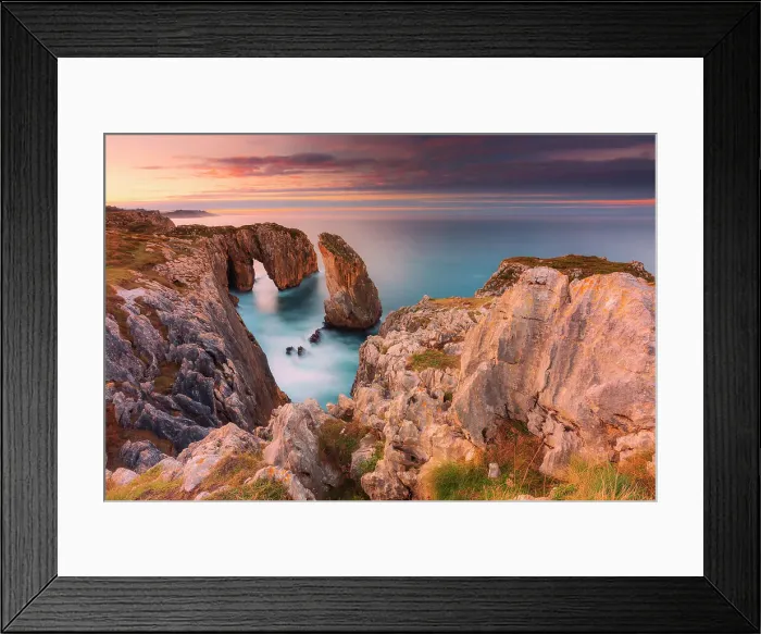 Framed Print : Cliff landscape with rock needle and rock arch called Pena Flecha- Spain, Asturias, Oriente, Ribadesella, Bufones de Pria - Bay of Biscay, Costa Verde