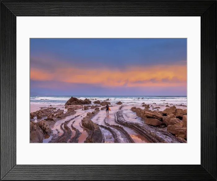 Framed Print : Spain, Basque country, rock beach near Bilbao at sunrise