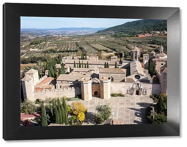 Spain, Catalonia, Tarragona, Poblet, Elevated view of the historical complex