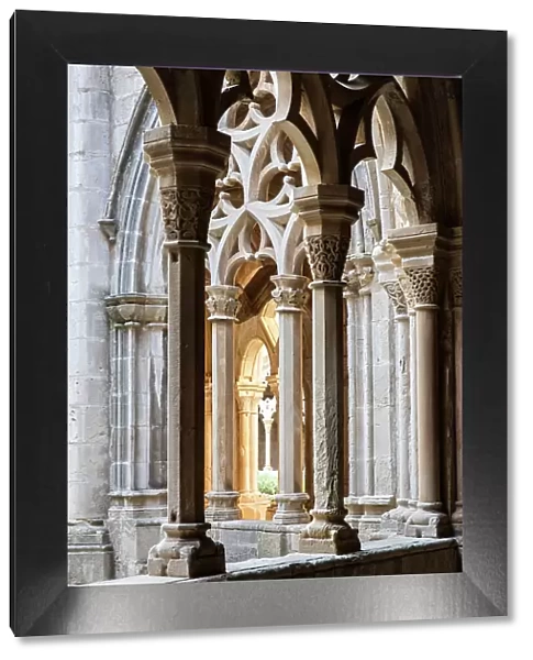 Spain, Catalonia, Tarragona, Poblet, Architectural details in the cloister of the monastery