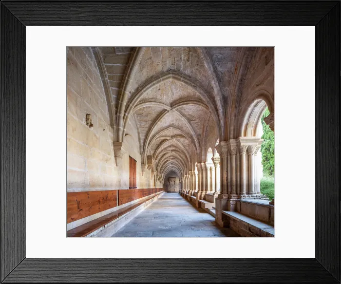 Framed Print : Spain, Catalonia, Tarragona, Poblet, Hallway in the cloister of the Monastery