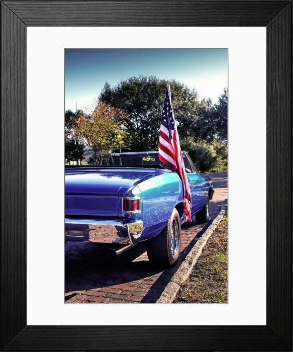 Framed Print : USA, Saint Petersburg, Florida, 1960's Chevrolet Chevelle, American Flag