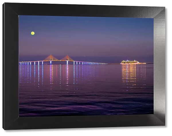 Florida, Saint Petersburg, Fort De Soto Park, Sunshine Skyway Bridge, Cruise Ship, Gulf Of Mexico, Full Moon