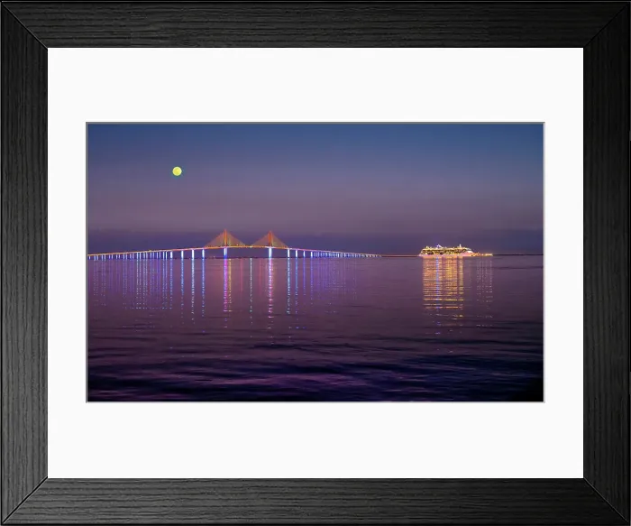 Framed Print : Florida, Saint Petersburg, Fort De Soto Park, Sunshine Skyway Bridge, Cruise Ship, Gulf Of Mexico, Full Moon