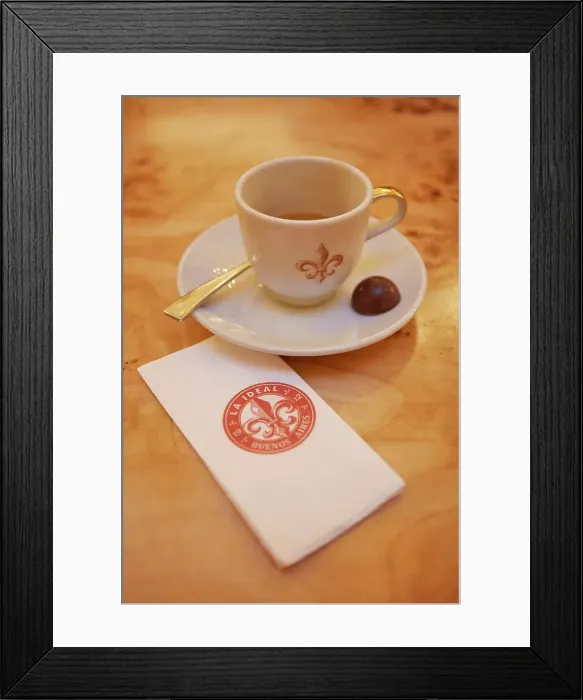 Framed Print : Detail of an espresso coffee with chocolate served at the Confiteria La Ideal Notable Bar, San Nicolas, Buenos Aires, Argentina Framed Print : Detail of an espresso coffee with chocolate served at the Confiteria La Ideal Notable Bar, San Nicolas, Buenos Aires, Argentina